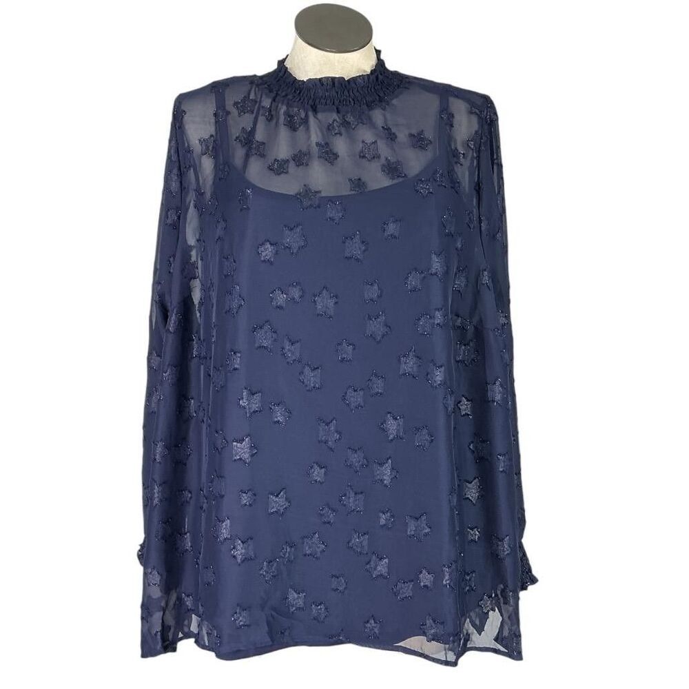Torrid Top Women 3X Blue Long Sleeve Smocked Chiffon Star Lined Blouse NEW